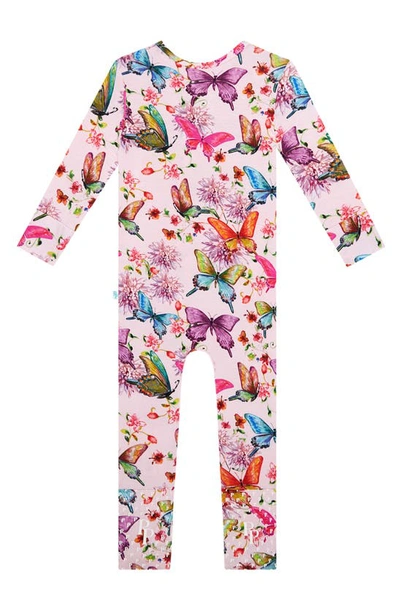 Posh Peanut Watercolor Butterfly Fitted Convertible Footie Pajamas In Open Pink