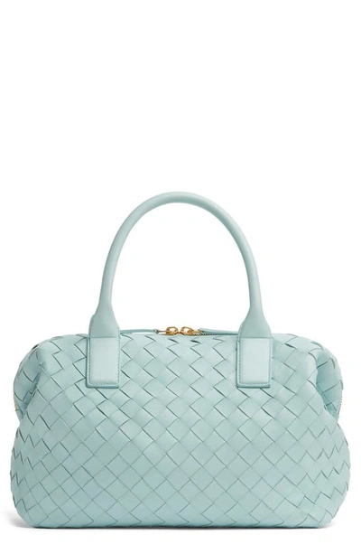 Shop Bottega Veneta Medium Bauletto Intreciatto Leather Satchel In 3943 Teal Washed-m Brass