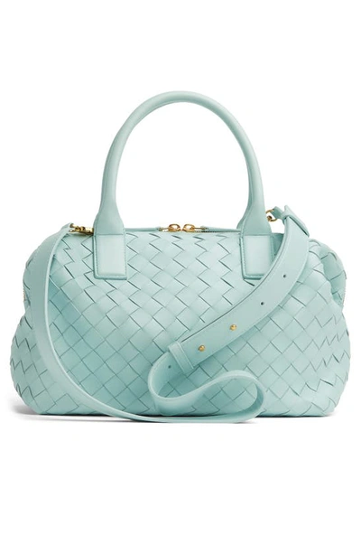 Shop Bottega Veneta Medium Bauletto Intreciatto Leather Satchel In 3943 Teal Washed-m Brass