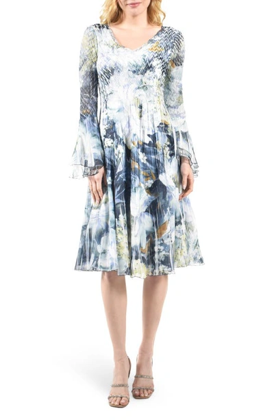 Shop Komarov Long Bell Sleeve Charmeuse & Chiffon A-line Dress In Painted Petal