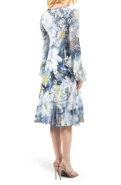 Shop Komarov Long Bell Sleeve Charmeuse & Chiffon A-line Dress In Painted Petal