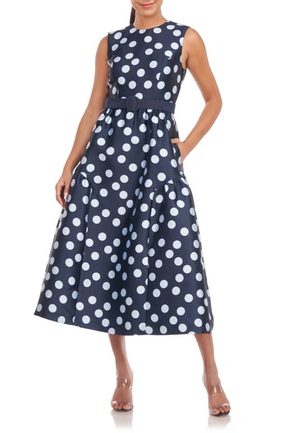 Shop Kay Unger Tinslee Polka Dot Fit & Flare Midi Dress In Deep Navy/ Bluebell