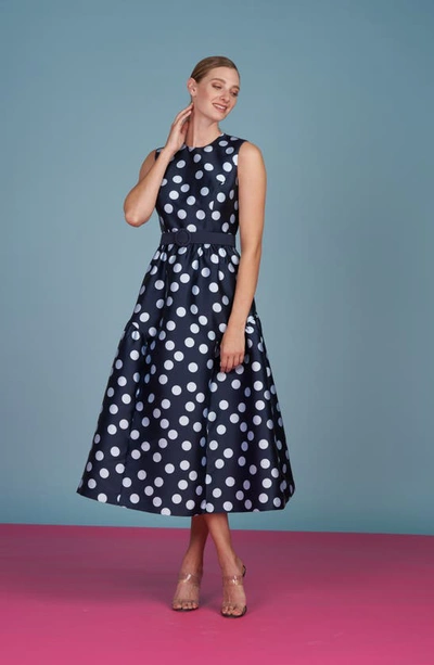 Shop Kay Unger Tinslee Polka Dot Fit & Flare Midi Dress In Deep Navy/ Bluebell