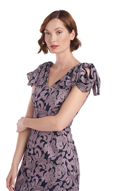 Shop Js Collections Gwendolyn Embroidered Bow Shoulder Column Gown In Navy/ Mauve Plum