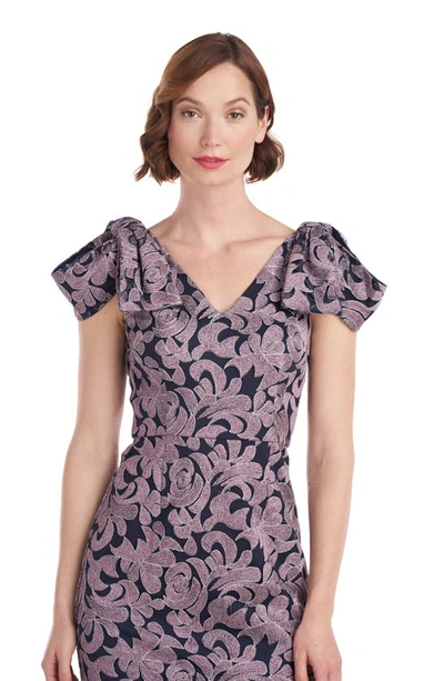 Shop Js Collections Gwendolyn Embroidered Bow Shoulder Column Gown In Navy/ Mauve Plum