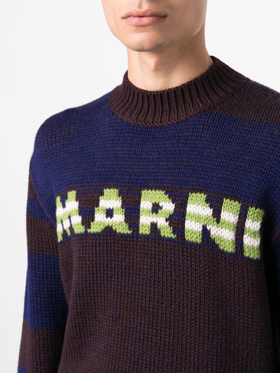 Shop Marni Intarsia-knit-logo Virgin-wool Sweater In Blue