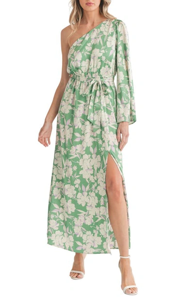 Shop Lush One-shoulder Satin Maxi Dress In Green Floral