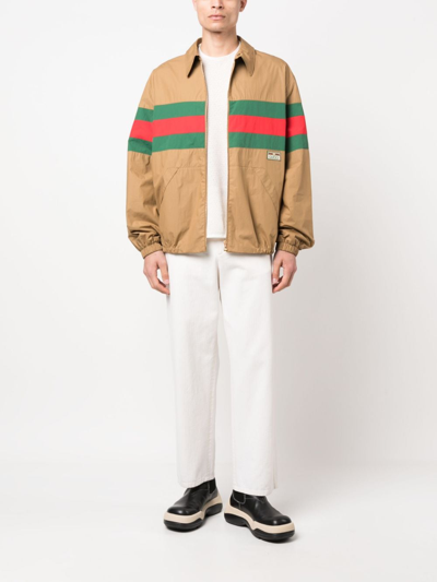 Shop Gucci Web-stripe Zip-up Shirt Jacket In Braun