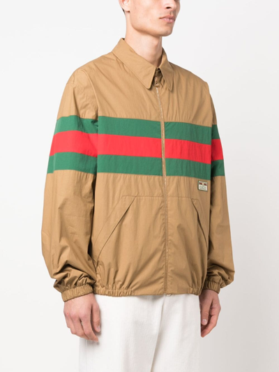 Shop Gucci Web-stripe Zip-up Shirt Jacket In Braun