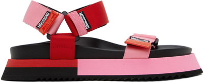 Shop Moschino Pink & Red Logo Tape Sandals In 60a * Fantasy Color