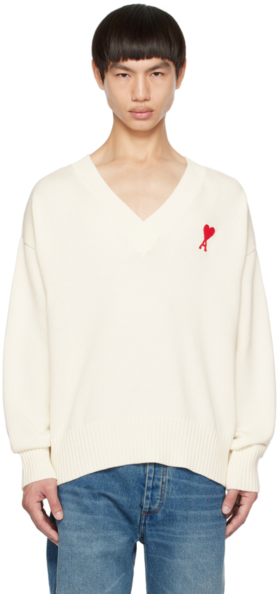 Shop Ami Alexandre Mattiussi Off-white Ami De Cœur Sweater In Natural White/red/17