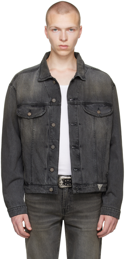 Shop Guess Usa Black Vintage Denim Jacket In Jet Black Multi