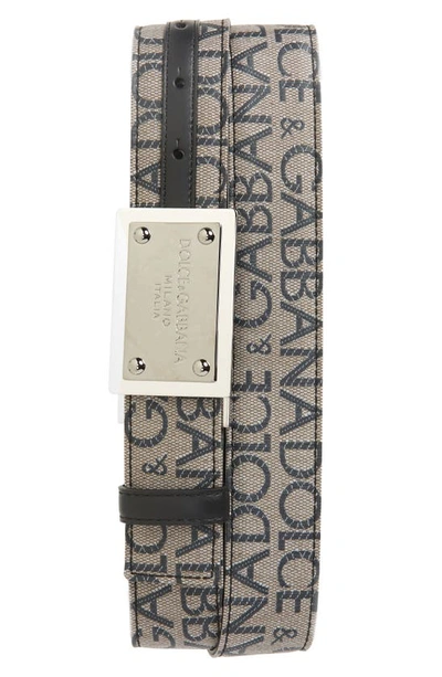 Shop Dolce & Gabbana Logo Jacquard Coated Canvas Belt In Brown/ Black