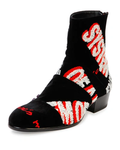 Maison Margiela Embroidered Velvet Ankle Boot, Black