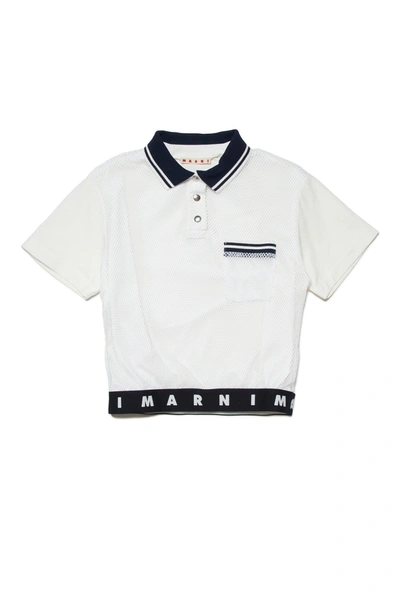 Shop Marni Jersey Polo Shirt With Mesh And Logoed Bottoms In White