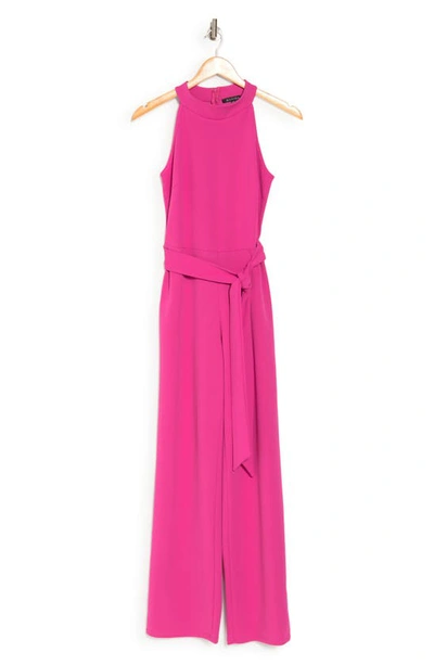 Marina Halter Belted Scuba Jumpsuit In Fuchsia