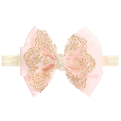 Shop Cute Cute Girls Large Pink Bow With Gold Lace & Pearls Headband