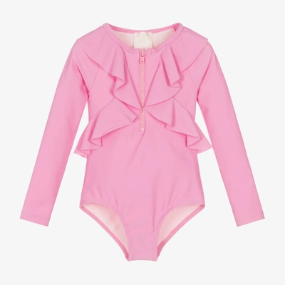 Shop Givenchy Girls Pink Ruffle Logo Swimsuit