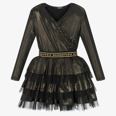 Shop Balmain Girls Black & Gold Tulle Dress