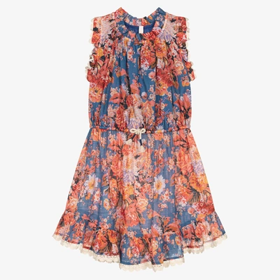 Shop Zimmermann Girls Blue & Orange Floral Cotton Dress