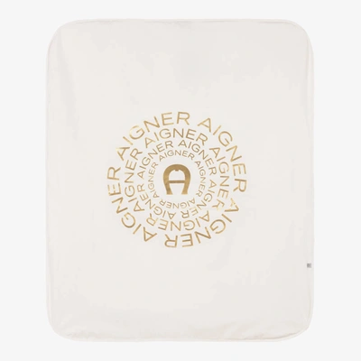 Shop Aigner Ivory & Gold Pima Cotton Baby Blanket (90cm)