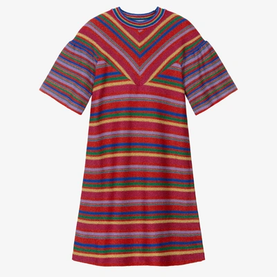 Shop Gucci Teen Girls Striped Cotton Lamé Knit Gg Dress In Red