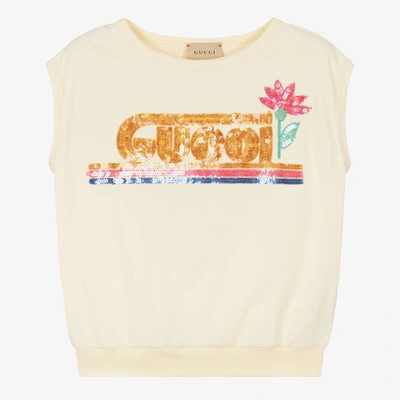 Shop Gucci Girls Ivory Cotton Sequin Top