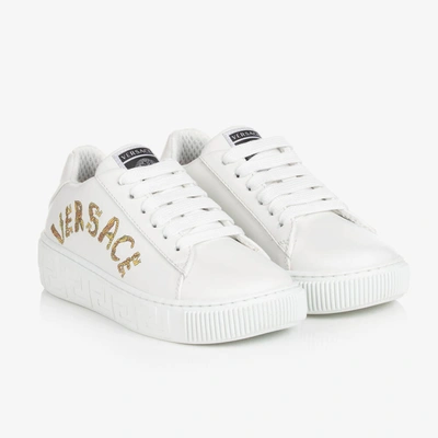 Shop Versace White & Gold Leather Lace-up Trainers