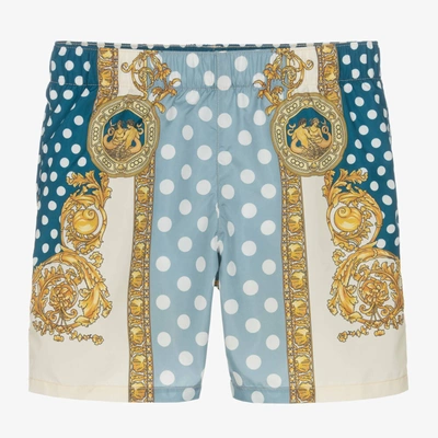 Shop Versace Teen Boys Blue Seashell Baroque Swim Shorts