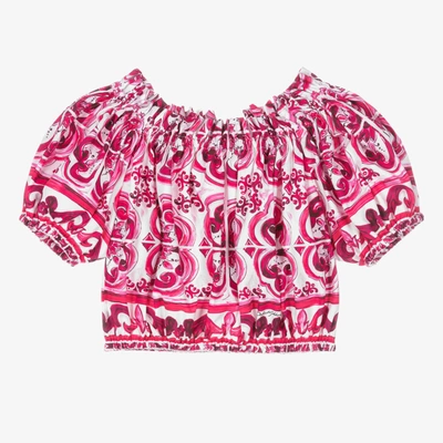Shop Dolce & Gabbana Girls Pink & White Cotton Majolica Blouse