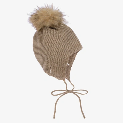 Mebi Babies' Beige Knitted Wool & Alpaca Pom-pom Hat In Brown | ModeSens