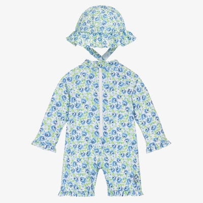 Shop Beatrice & George Girls Blue Floral Sun Suit Set (upf50+)