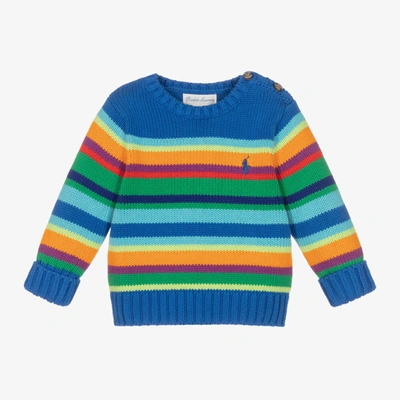 Shop Ralph Lauren Baby Boys Blue Striped Knitted Sweater