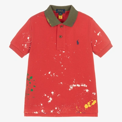 Shop Ralph Lauren Boys Red Cotton Paint Splatter Polo Shirt