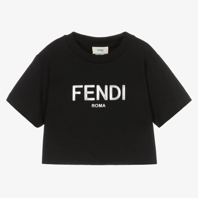Shop Fendi Girls Black & Silver Cropped T-shirt