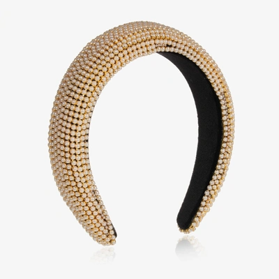 Shop David Charles Girls Black Padded Pearl Hairband In Gold