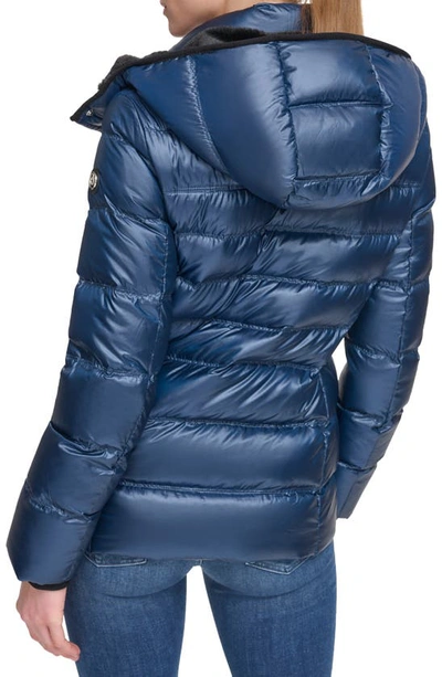Shop Calvin Klein Faux Fur Trim Chevron Quilt Down Puffer Jacket In Blue