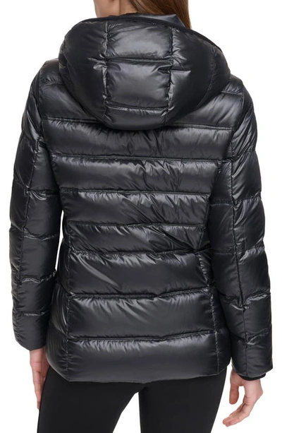 Shop Calvin Klein Faux Fur Trim Chevron Quilt Down Puffer Jacket In Pearlized Black