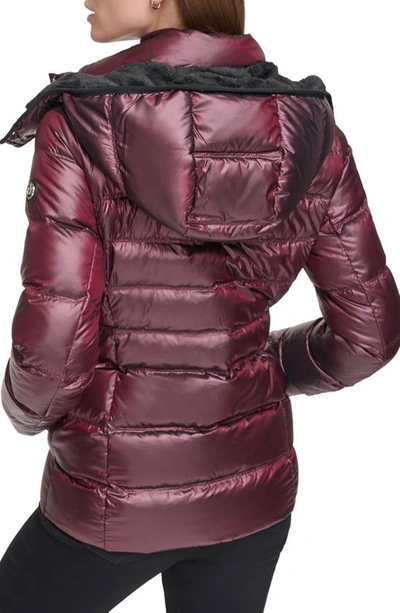 Shop Calvin Klein Faux Fur Trim Chevron Quilt Down Puffer Jacket In Shine Wine
