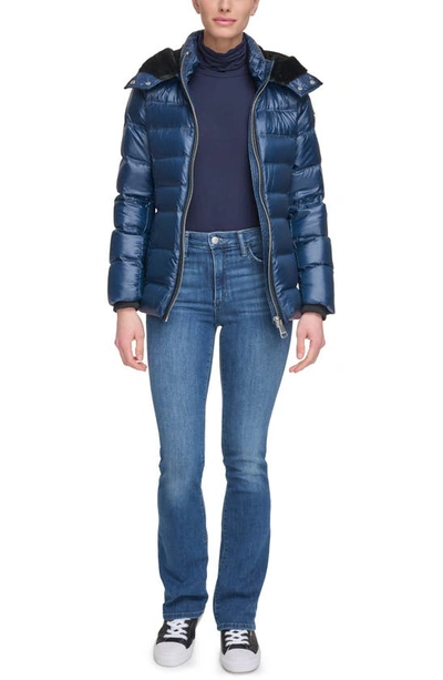 Shop Calvin Klein Faux Fur Trim Chevron Quilt Down Puffer Jacket In Blue