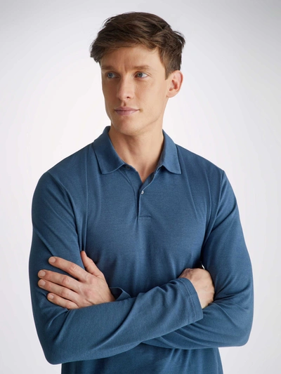 Shop Derek Rose Men's Long Sleeve Polo Shirt Ramsay 2 Pique Cotton Tencel Denim