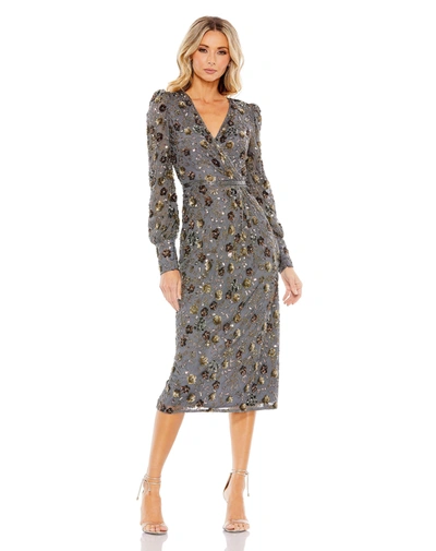 Shop Mac Duggal Long Sleeve V Neck Midi Dress In Charcoal