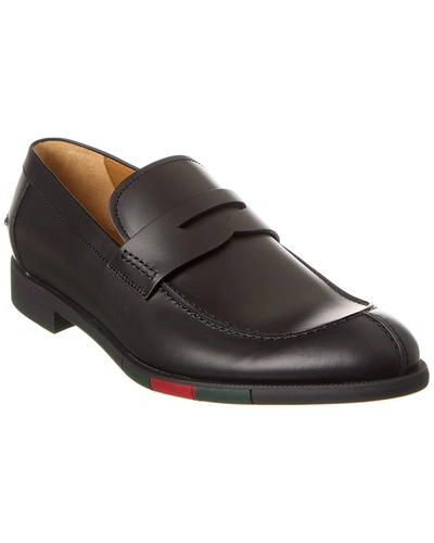 Shop Gucci Web Leather Loafer In Black