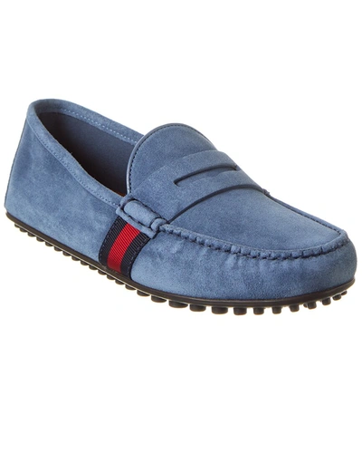 Shop Gucci Web Suede Driver In Blue