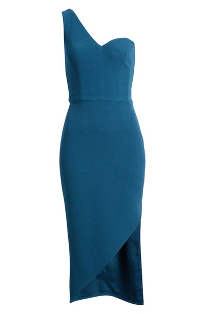 Shop Dress The Population Magnolia One-shoulder Asymmetric Body-con Midi Dress In Peacock Blue