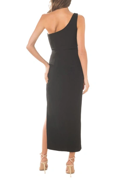 Dress The Population Magnolia One-shoulder Asymmetric Body-con Midi Dress In Black