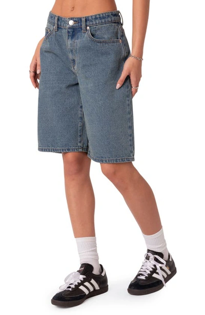 Edikted Oversize Low Rise Denim Bermuda Shorts In Blue-washed