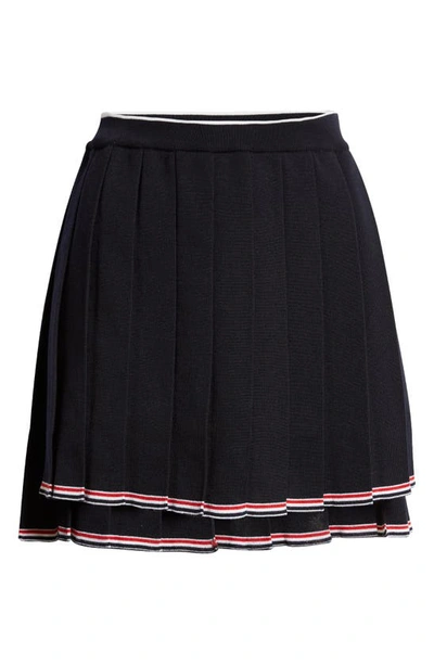 Shop Thom Browne Pleated Wool Blend Knit Mini Skirt In Navy