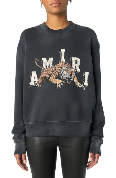 Shop Amiri Tiger Logo Distressed Sweatshirt In Black-cotton Terry