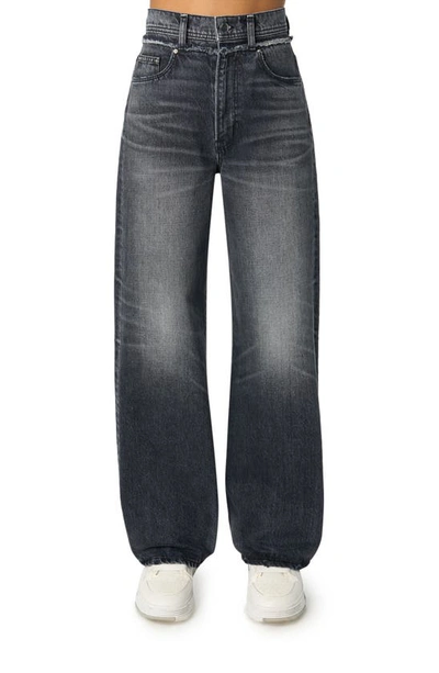 Shop Amiri Double Waistband Wide Leg Jeans In Aged Black-ita Rigid Denim